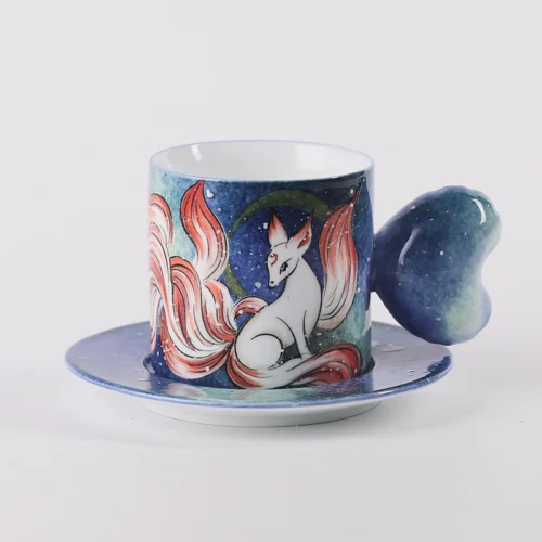 Starry Night Nine-Tailed Fox Hand-Painted Cup & Saucer Set