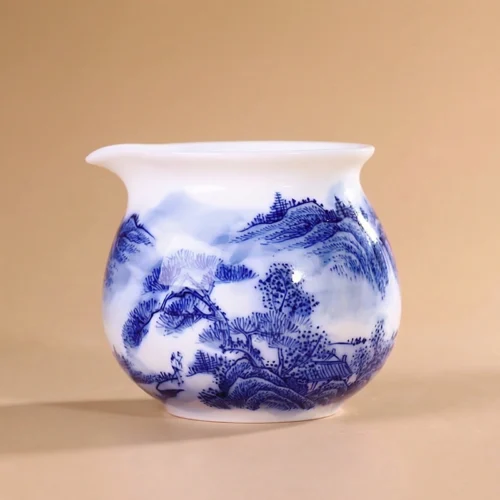 Hand-Painted Blue and White "Landscape Zen" Pitcher