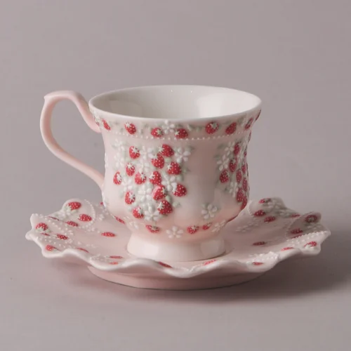 French 3D Strawberry Hand-Painted Cup & Saucer Set