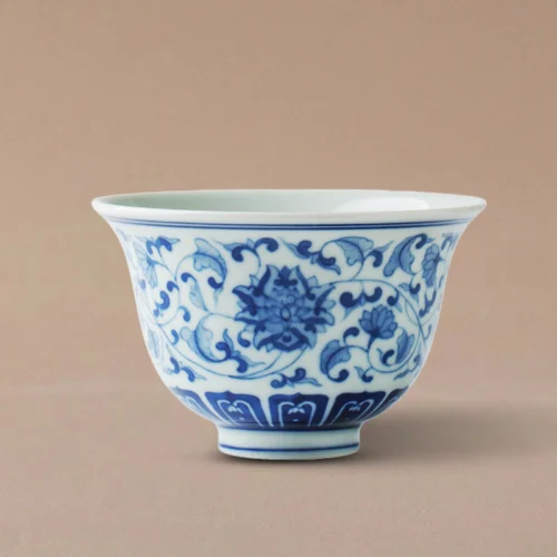 Hand-Painted Intertwining Lotus Bell-Shaped Cup — Antique Clay & Cobalt Blue Elegance