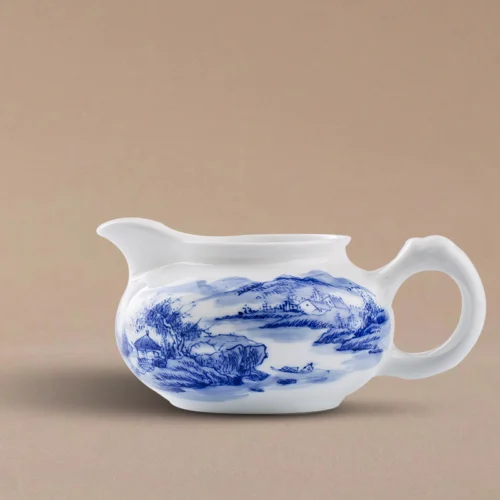 Hand-Painted Blue and White "Landscape Zen" Pitcher— Premium Kaolin Clay & Tea Justice Cup