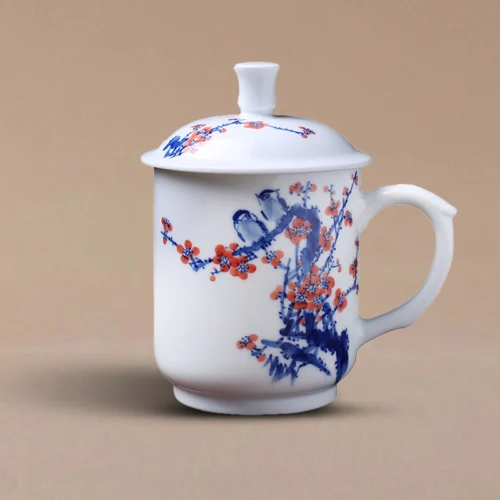 Hand-Painted Plum Blossom & Bird Ceramic Mug