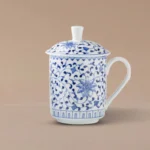 Hand-Painted Blue and White "Intertwining Lotus" Office Mug with Lid