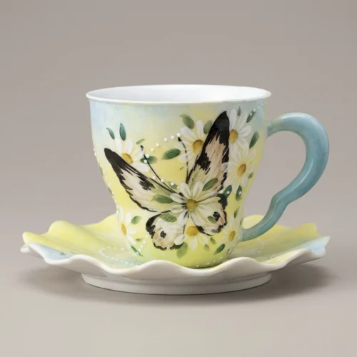 Sunny Daisy & Butterfly Hand-Painted High-Fire Underglaze Cup & Saucer Set