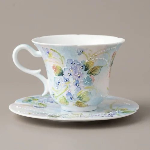 Impressionist Hydrangea Hand-Painted High-Fire Underglaze Sniff Cup & Saucer Set
