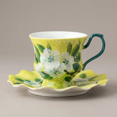 Impressionist Jasmine Hand-Painted High-Fire Underglaze Cup & Saucer Set