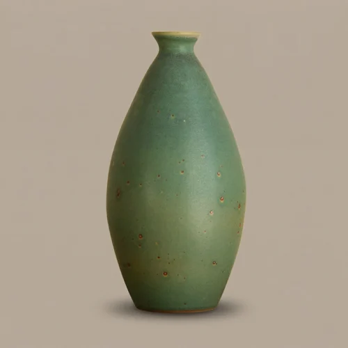 Tall Matte Green Ceramic Vase with Iron Speckles