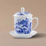 Hand-Painted Blue & White Landscape Lidded Tea Mug