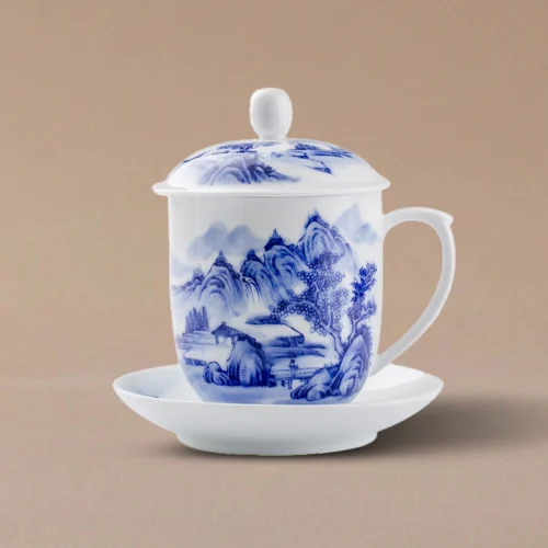 Hand-Painted Blue & White Landscape Lidded Tea Mug