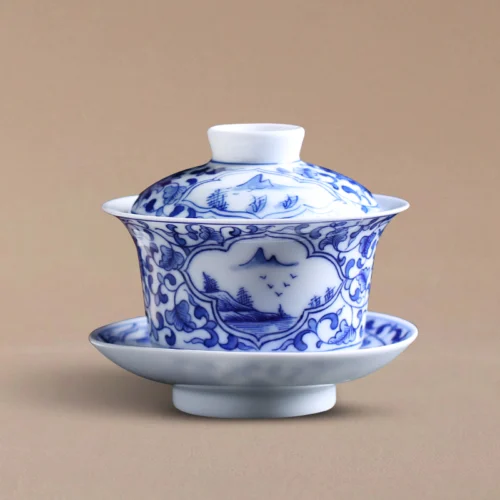 Hand-Painted Blue & White Openwork Landscape Gaiwan