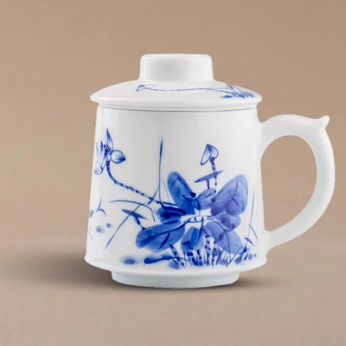 Hand-Painted Blue & White Tea Mug with Infuser, Jingdezhen Lotus & Fish Pattern
