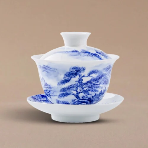 Hand-Painted Blue & White Landscape Sancai Gaiwan
