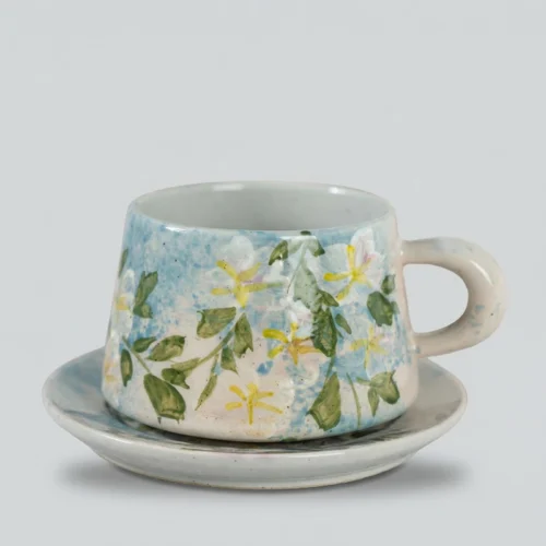 Hand-Painted Wattle & Green Vines High-Fire Underglaze Cup & Saucer