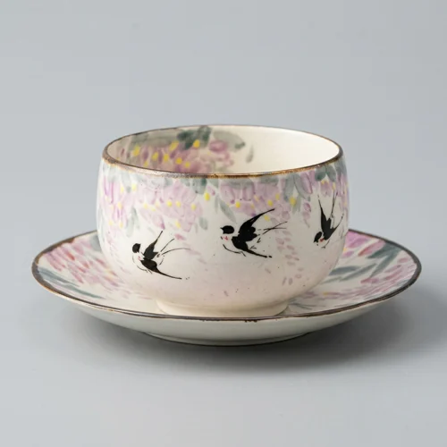 Jingdezhen Hand-Painted Wisteria & Swallow Cup & Saucer