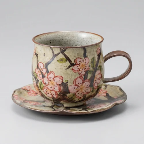 Hand-Painted Red Plum Cup & Saucer