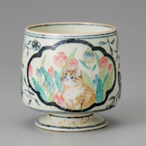 Hand-Painted Cat & Tulip Stemmed Cup